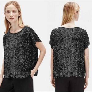 Eileen Fisher Tencel Lyocell Cap Sleeve Bateau Knit Top Black Speckled Women S/M
